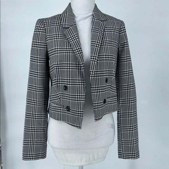 Miss Selfridge Women's Cropped Houndstooth Blazer BlackWhite Double Breasted Sz4 - Picture 3 of 12